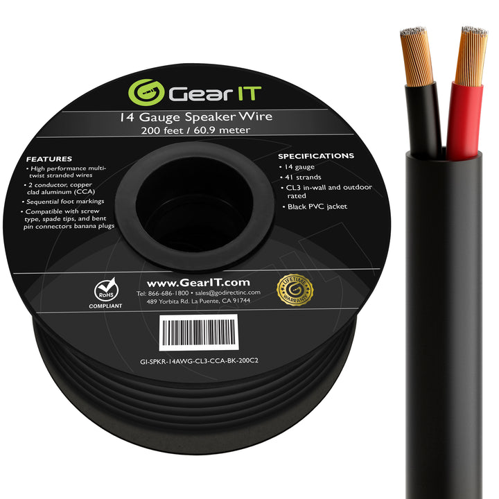 GearIT 14/2 Outdoor Speaker Wire 14 Gauge CCA - CL3 Rated for Direct Burial in Ground GearIT